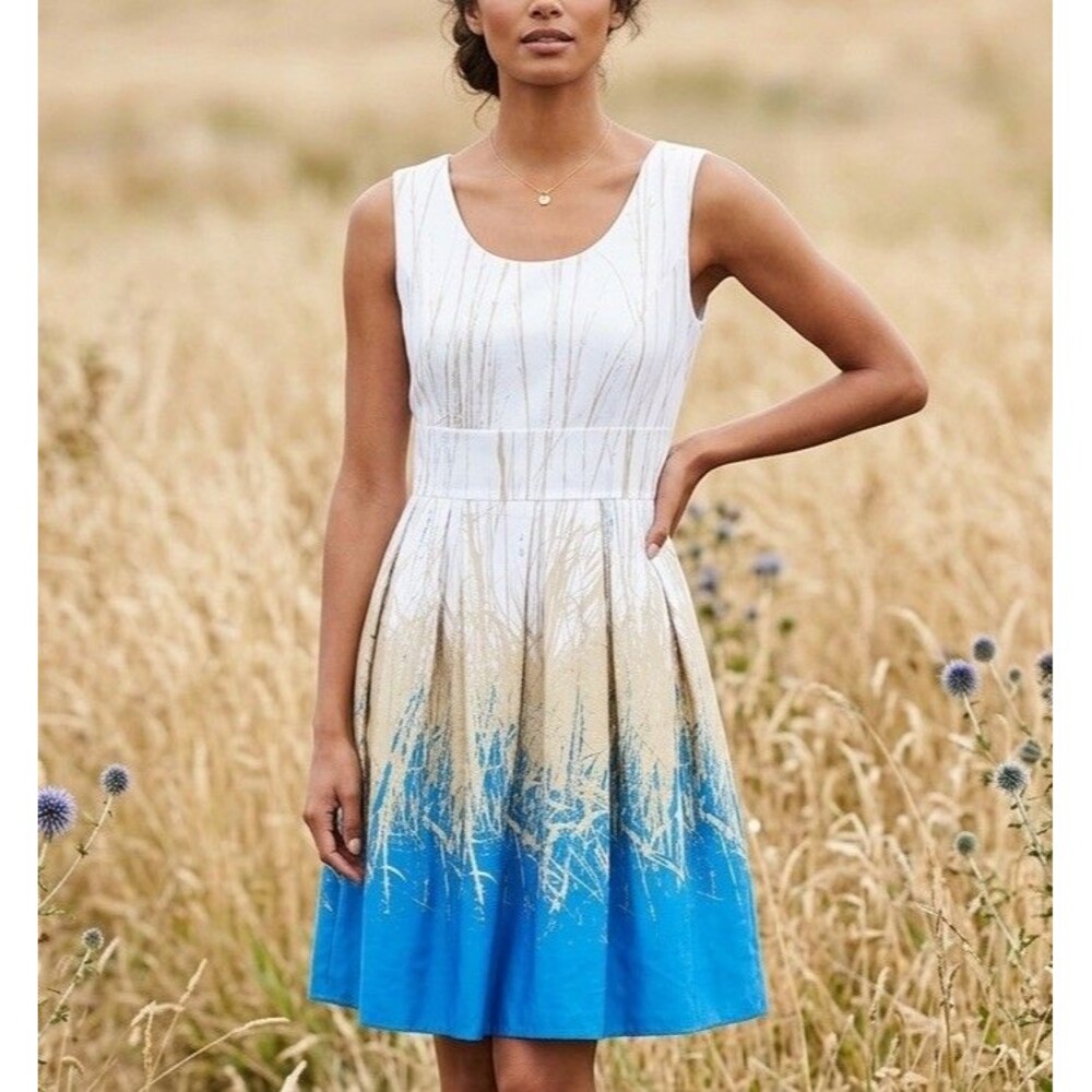 Marvin Richards Blue Golden Abstract Grass Print Fit & Flare Sundress 14 Coastal